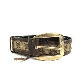 GUCCI 036 2888 Gold Square G Buckle Leather Belt Dark Brown Size